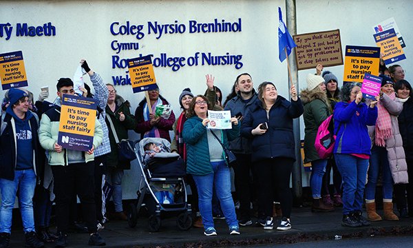 Picket line at Cardiff offices of the RCN during nurses' strike in December 2022