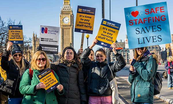 Strikers at Guy’s and St Thomas' NHS Foundation Trust in London on 6 February 