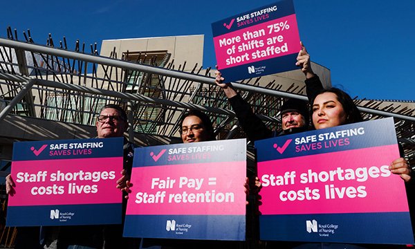 RCN Scotland members campaigning for fair pay and safe staffing outside the Scottish Parliament in October 2022