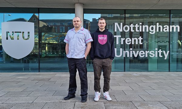 Adrian and Kacper Dzialo outside Nottingham Trent University, both are studying mental health nursing there, and they want to encourage more men to consider the profession