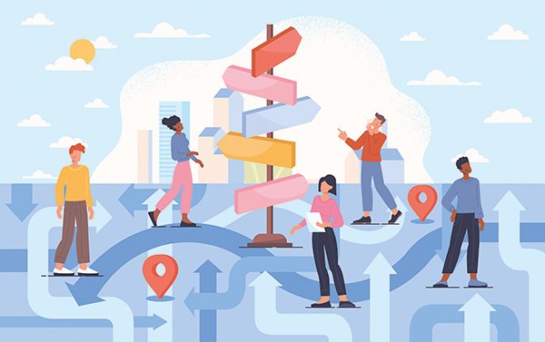 An illustration showing a signpost with arrows pointing in different directions and people deciding on which way to go: a new framework sets out a clear career pathway for nurses working in cancer care