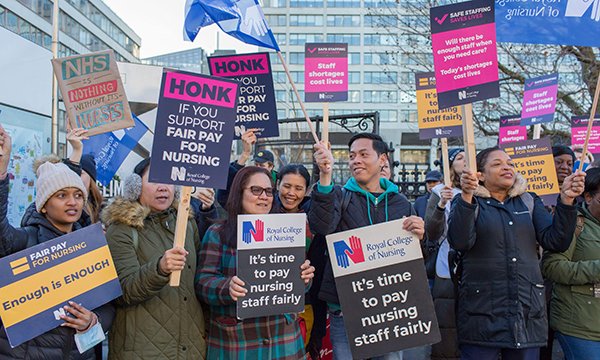 Photo of nurses on the picket line outside St Thomas’ Hospital in London. RCN pay ballot closes today.