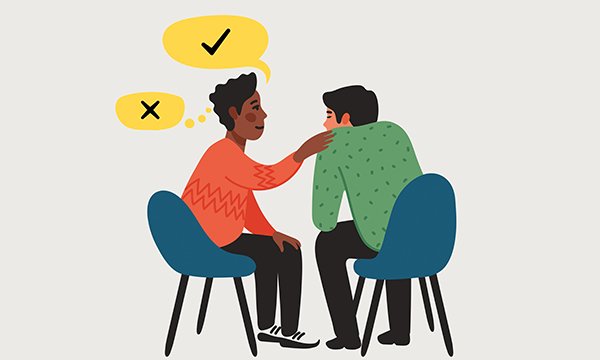 Illustration of therapeutic untruths shows two seated people talking, the woman has her arm on the man's shoulder and a voice bubble has a tick in it, but her thought bubble has a cross in it 