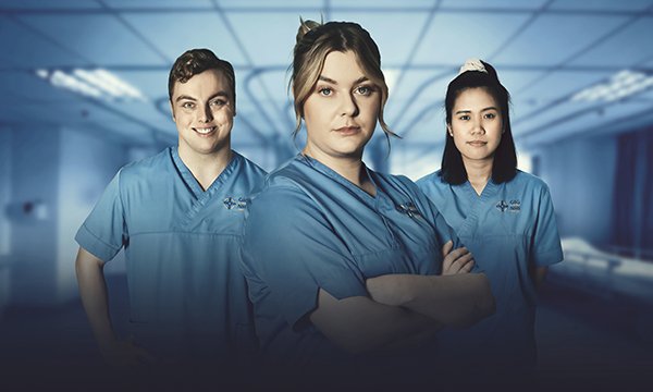 Mikey Denman, Caitlin Jodrell-Bell and Nivea Solema star in the new fly-on-the-wall BBC documentary series Rookie Nurses