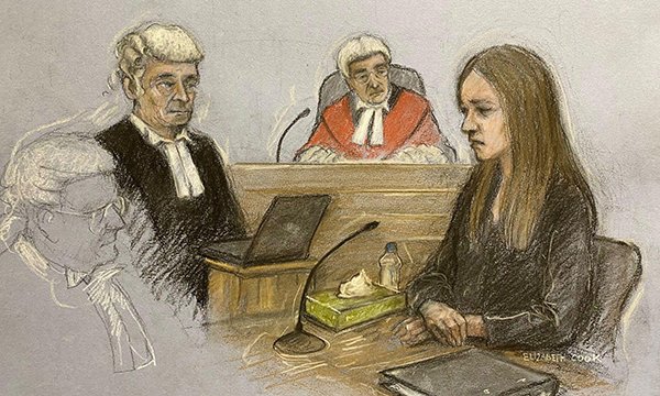 Artist’s sketch of Lucy Letby being questioned by her defence lawyer Ben Myers KC  during her trial