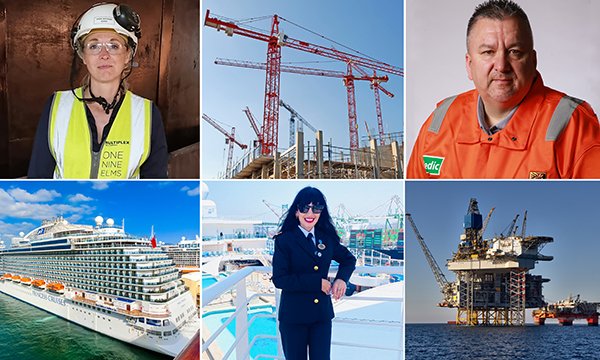 Montage of nurses variously in high-viz, hard hat, and on the deck of a cruise ship, and cranes, a cruise liner, an oil rig