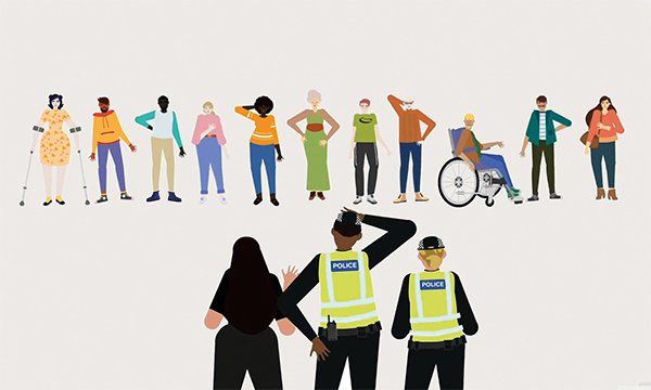 A still from the animation film Think COULD showing a line of individuals being observed by police officers who appear uncertain about them