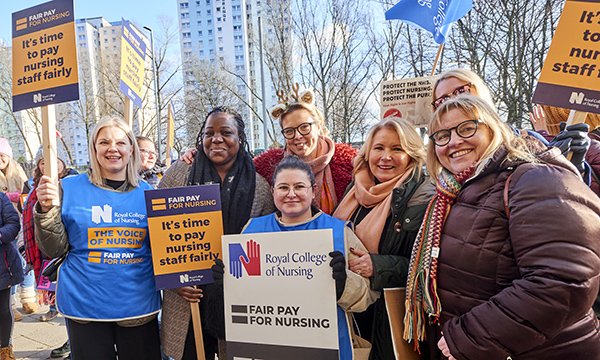 RCN members on strike at St James’s University Hospital, Leeds, holding placards calling for fair pay
