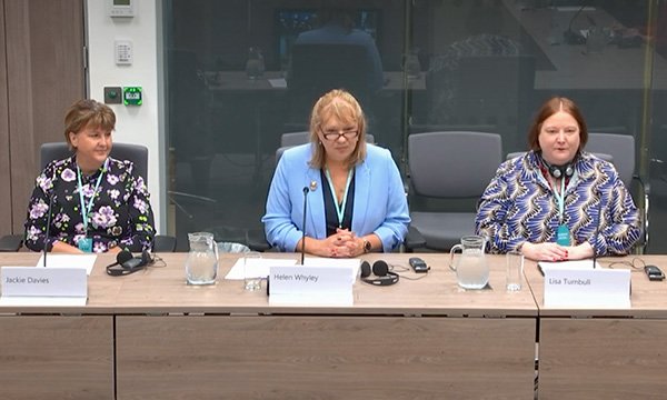 RCN officials sit behind desk facing unseen members of the Senedd health and social care committee
