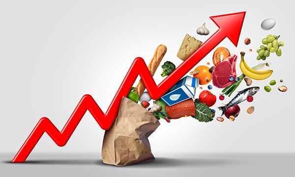 Image representing rising prices shows a jagged red arrow pointing upwards against an assortment of groceries spilling out of a paper bag