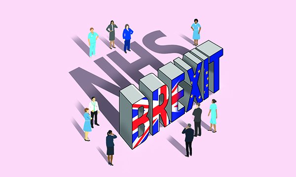An illustration showing a group of nurses and healthcare professionals standing around blocks spelling the word BREXIT which casts a shadow that spells NHS