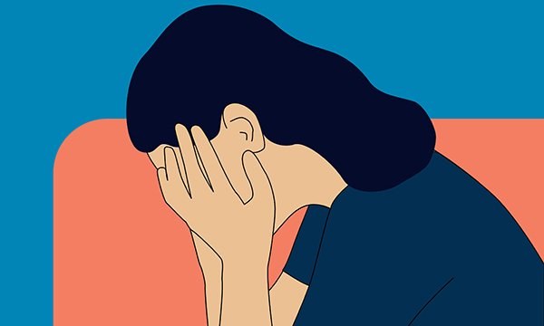 An illustration of a person covering their face, with their head in their hands.