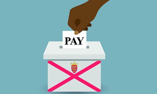 An illustration of a hand putting a slip with 'PAY' written on it into a ballot box