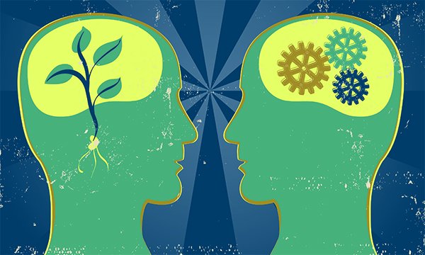 Illustration showing abstract image of two human heads, one with cogs inside the other with a plant growing 