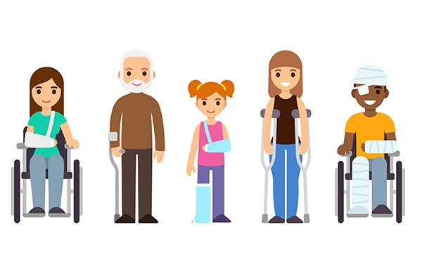 Picture shows computer graphics images of three people with injuries, two of them in wheelchairs, and an older man and young woman supporting themselves with crutches.