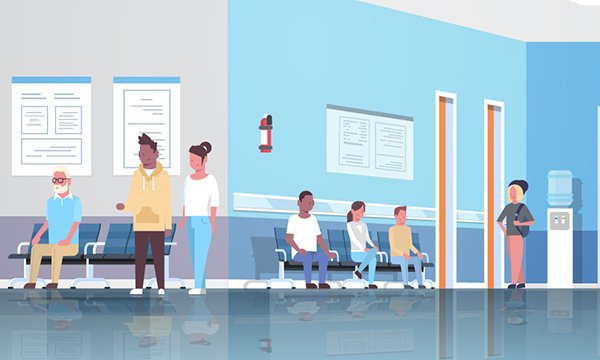 Illustration of figures waiting in a hospital setting. Wales has become the first country in the UK to introduce a single waiting time target for patients with cancer to help speed up diagnosis and treatment.