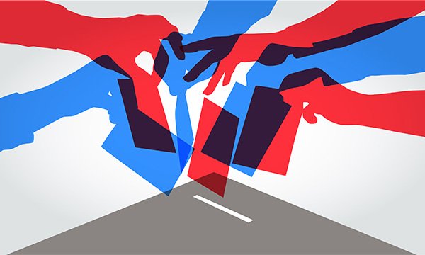 Illustration showing hands dropping papers into a ballot box