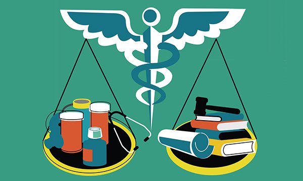 Picture depicts the medical symbol of a staff with snakes curled round it and scales of justice suspended from it balancing medicine and law books. Nurses are advocates for their patients, service-users, and a human rights approach is essential.