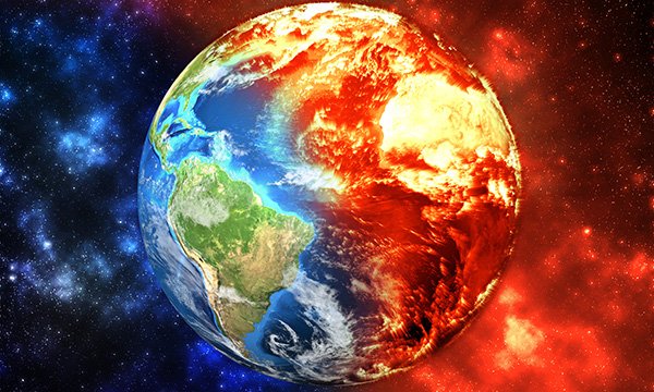 illustration shows planet earth in colours suggesting parts are flooded, others are overheated
