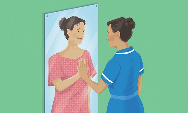Picture is an illustration of a woman in nursing uniform touching an image in a mirror of herself wearing everyday clothes. Two nurses and a doctor share their experiences of having cancer and offer a unique perspective on cancer care