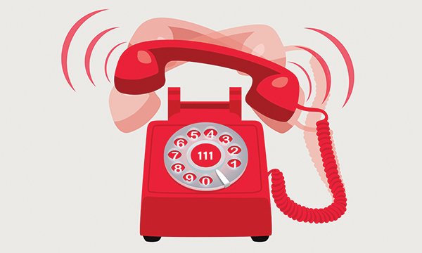 Illustration shows a red telephone with overlapping images of the handset to show it is ringing. NHS 111, the front door to the urgent care system, handles millions of calls a year but some question its usefulness.