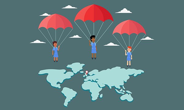 Illustration showing nurses parachuting into the world map, with the UK as their destination point on the map