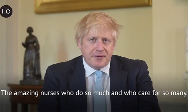 Picture of prime minister Boris Johnson making his tribute to nurses.