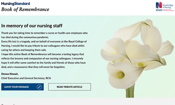 Homepage of Nursing Standards's Book of Remembrance with foreward by Dame Donna Kinnair and a picture of lilies