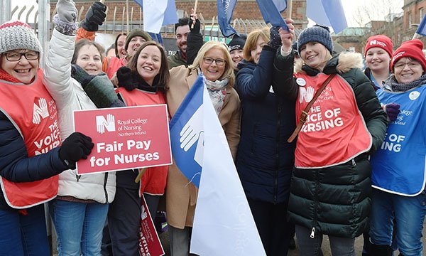 Pat Cullen (centre) with striking nurses in December 2019