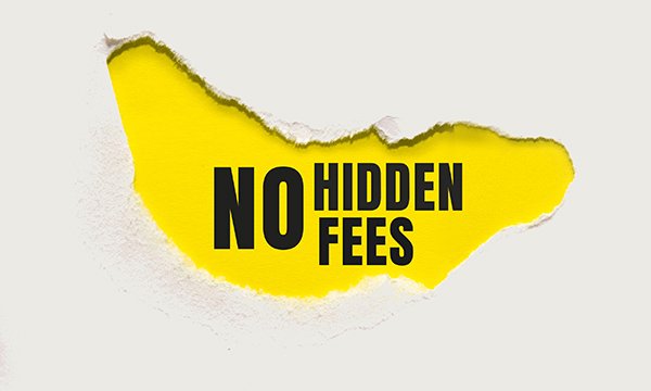 Image of a wall with a hole torn in it exposing the words 'No hidden fees'