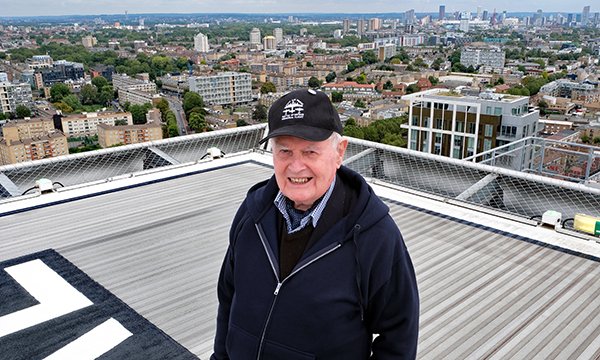 Colin Bell. on the helipad from which he will abseil down the Royal London Hospital