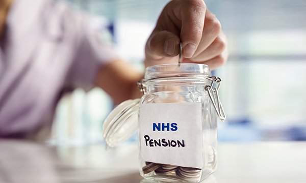 A glass jar full of coins labelled 'NHS Pension'