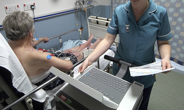 Healthcare assistant performing an ECG on a patient