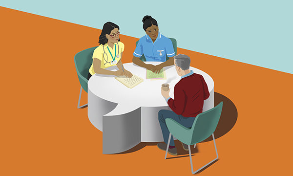 Healthcare professionals and patient site around a table
