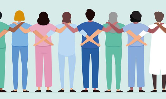 Illustration of multi-professional teamwork in healthcare shows staff in different uniforms standing together, arms around each others’ shoulders. We see them from behind