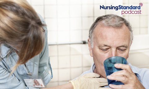 A nurse supervising a patient who has difficulty swallowing