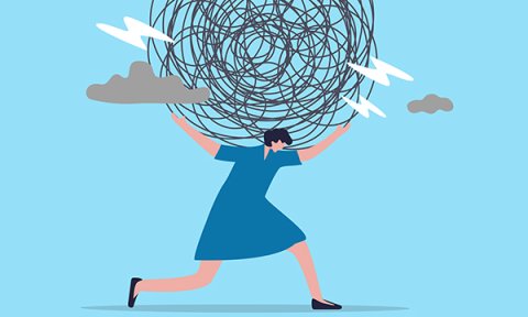 Illustration depicts a nurse carrying a huge ball of wire with dark clouds and thunder: nurses face daily pressures and challenges working in emergency departments