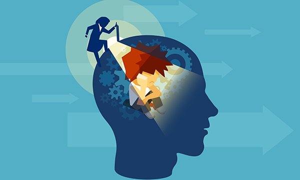 Illustration of a woman shining a torch inside a man's head. Communication is not always verbal but can be expressed by behaviour. Picture: iStock