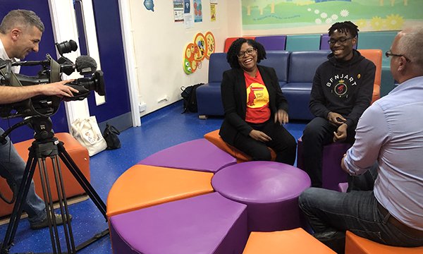 Picture shows specialist transition nurse Giselle Padmore-Payne with patient Benjamin Tshibangu in a BBC London interview
