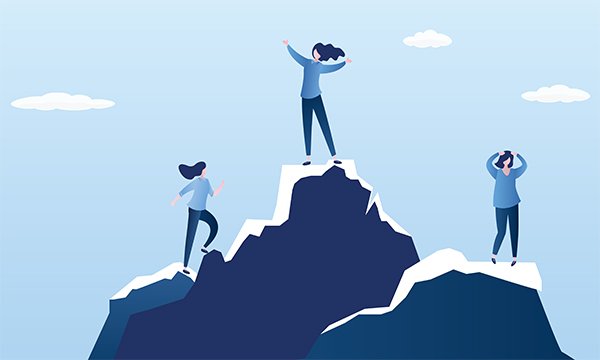 Illustration shows three figures, the middle one standing on a mountain peak. The year of the nurse in 2020 gives the profession a chance to spotlight its achievements and have an impact on healthcare worldwide