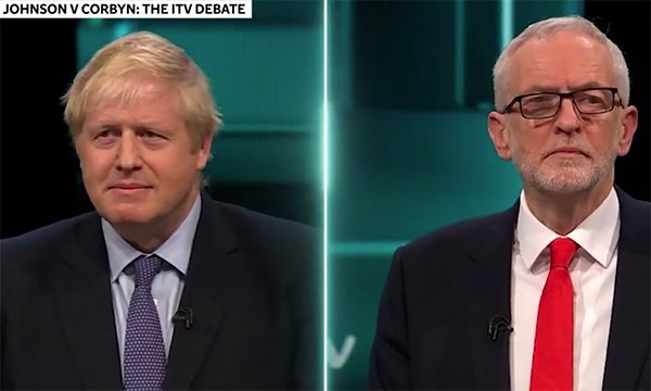 Conservative party leader Boris Johnson and Labour party leader Jeremy Corbyn during the live TV election debate