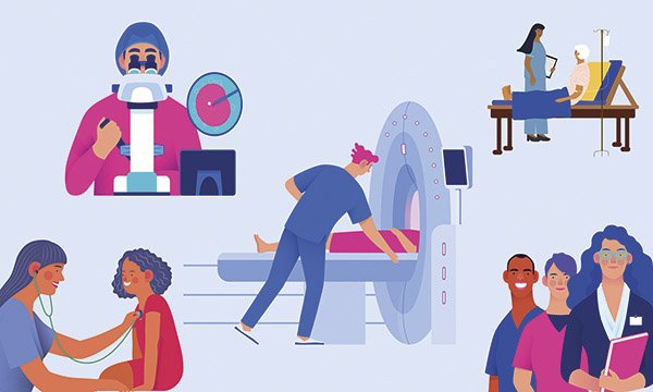 illustration shows nurses in a variety of practice scenarios, showing how skilled and diverse the profession is