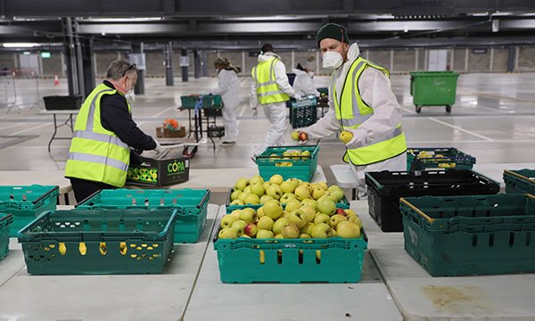 Volunteers helping to distribute fresh food in east London during the COVID-19 pandemic