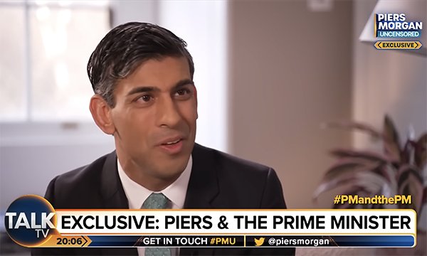 Prime minister Rishi Sunak during TV interview with Piers Morgan