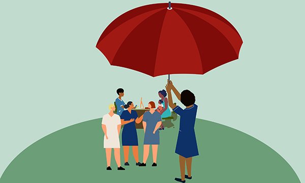 An illustration of a nurse holding an umbrella over her colleagues as three of them talk together and another sits in consultation with a mother and child: supervision safeguards standards and protects the workforce