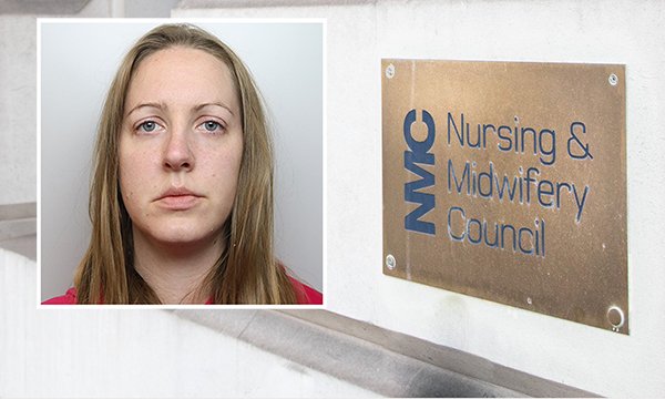 NMC name and logo on brass plaque, with police photo of child killer Lucy Letby, inset. Letby was struck off by the NMC