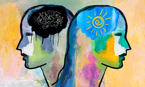 An illustration of two heads overlapping and facing away from each other. One has a black cloud with shapes over the brain, the other has a blue sky and sunshine
