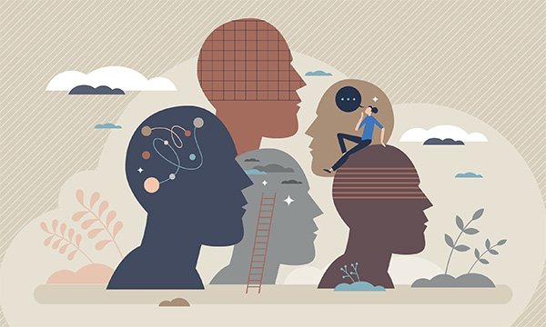 Images of several human heads in profile symbolising changes – a ladder is propped against one of them and next to it is a small figure representing a nurse with a conversation bubble coming from her mouth