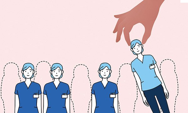 Illustration of nursing staff standing in a line, there are visible gaps and a hand inserts a figure to fill one of them