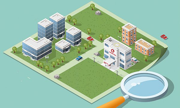 Illustration showing a hospital site with several buildings surrounded by glass, and a large magnifying glass sitting alongside it, suggesting an inspection of the hospital’s services